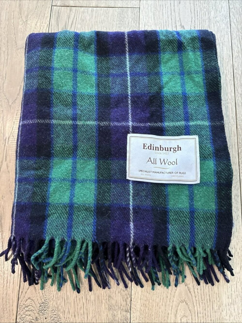 Vintage Edinburgh 100% All Wool Tartan Throw Blanket Black Watch Plaid 63"x58"